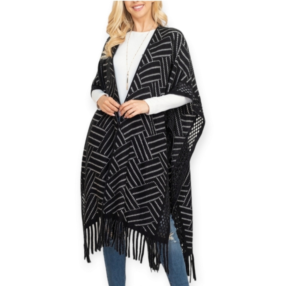Herringbone Ruana With Fringe